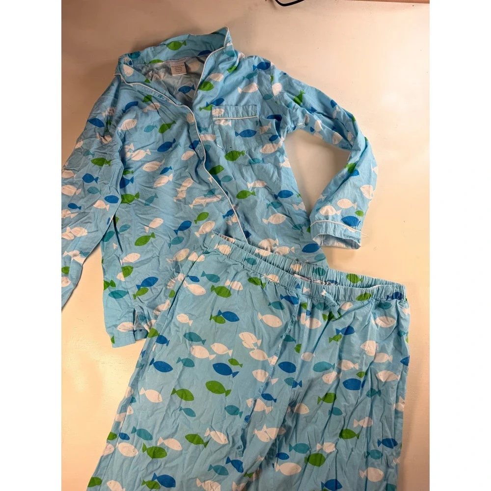 Y2K Pajama Set Womens L Blue Excellent Fish Print Cotton RJ94